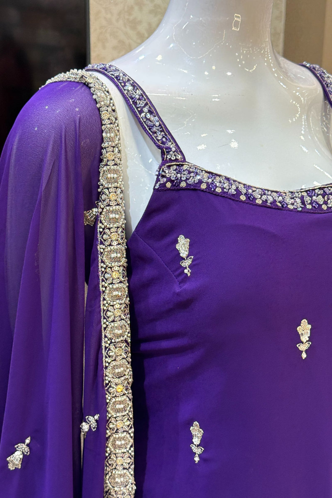 Purple Beads, Zari and Sequins work Palazzo Salwar Suit