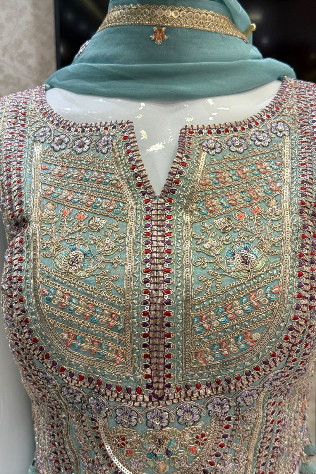 Sea Green Zari, Sequins and Multicolor Thread work Palazzo Suit Set