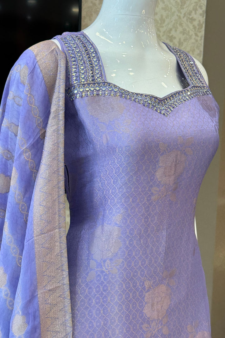 Lilac Banaras, Mirror, Zardozi, Beads, Stone and Sequins work Straight Cut Salwar Suit