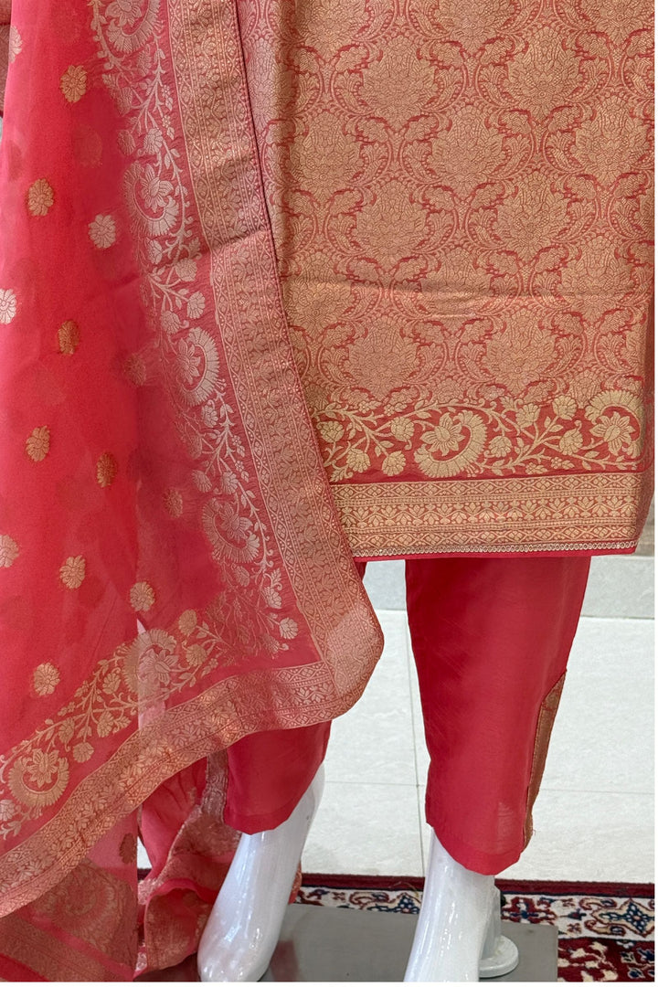 Peach Beads, Mirror, Stone, Banaras and Brocade work Straight Cut Salwar Suit