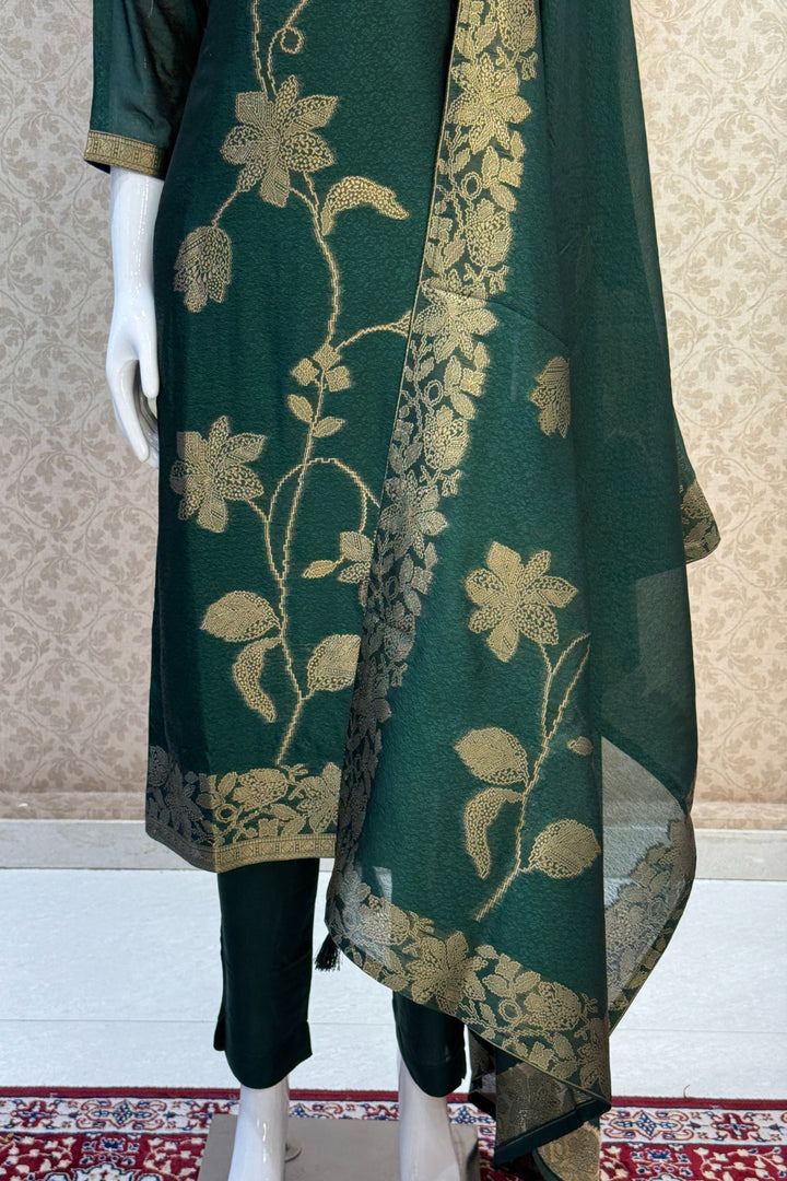 Green Banaras, Stone, Zardozi, SEquins, Beads and Zari work Straight Cut Salwar Suit