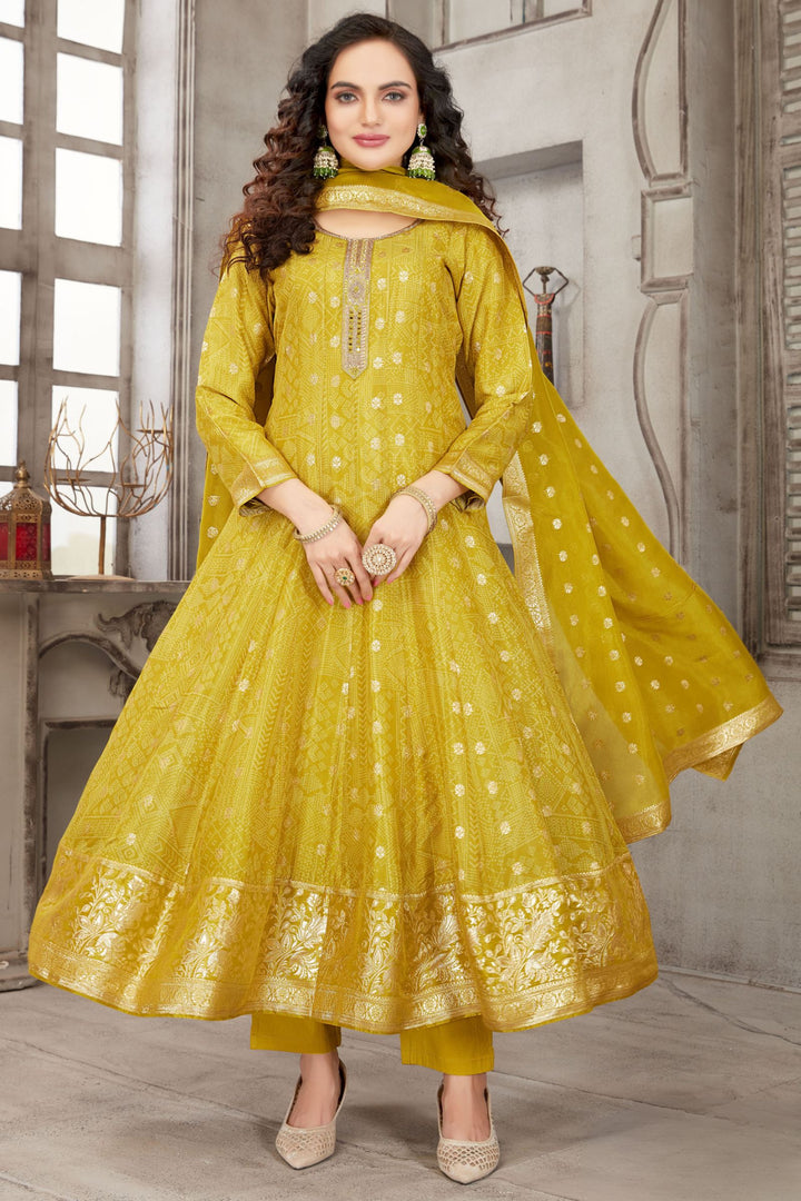 Liril Green Banaras, Zardozi and Mirror work with Bandini Print Anarkali Style Salwar