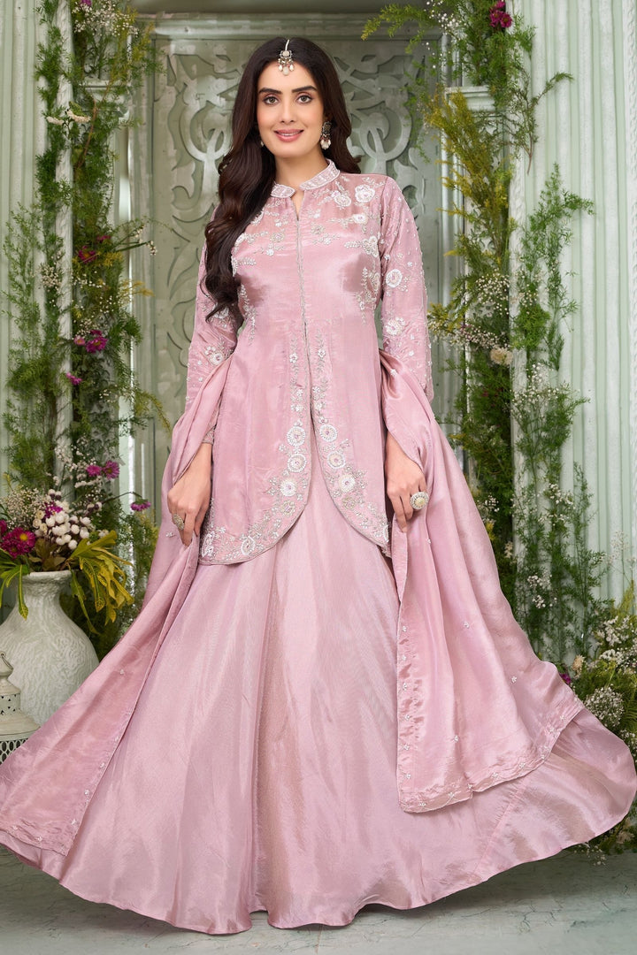 Lilac Beads, Sequins and Zardozi work Indo-Western Style Top with Lehenga