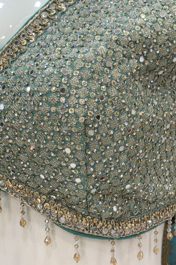 Sea Green with Peacock Green Sequins and Beads work Crop Top with Palazzo Pant