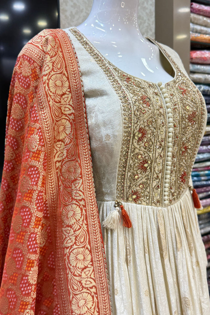 Beige Beads, Zardozi, Sequins, Mirror and Banaras work Floor Length Anarkali Suit