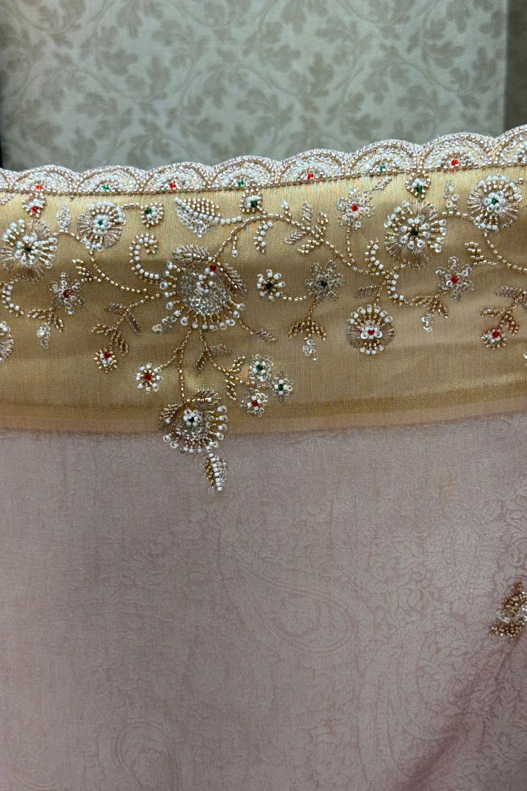 Onion Pink Banaras, Beads, Sequins and Zari work Saree