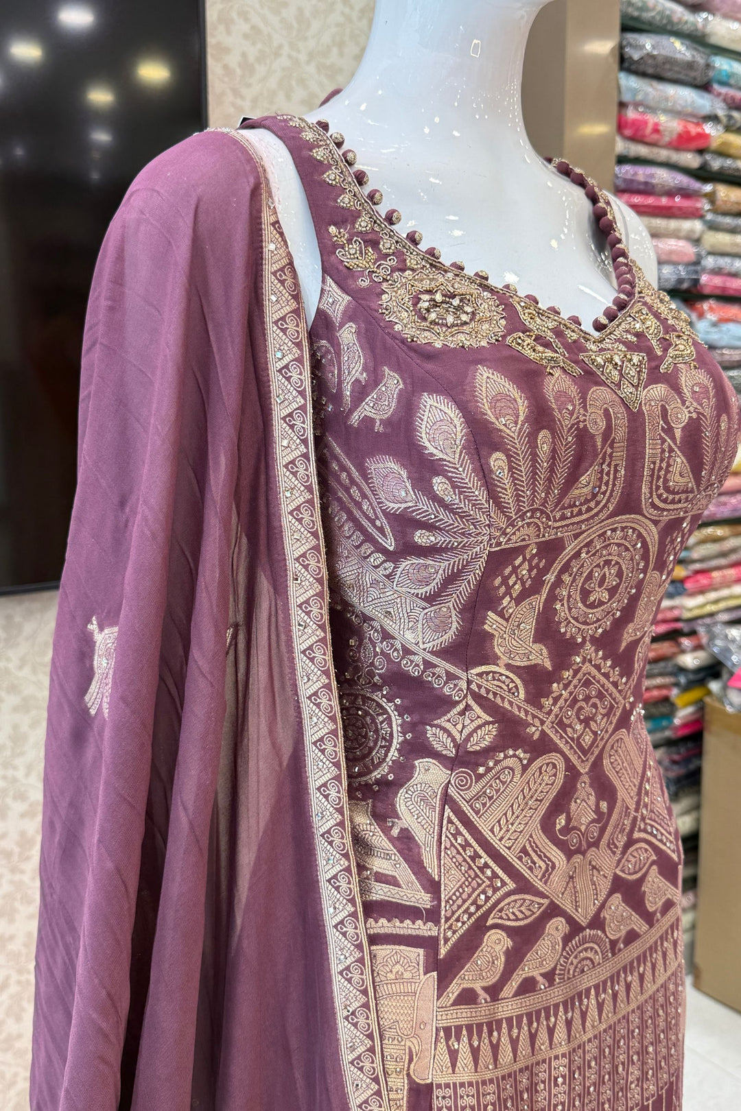 Light Wine Banaras, Stone, Zardozi and Beads work Palazzo Salwar Suit