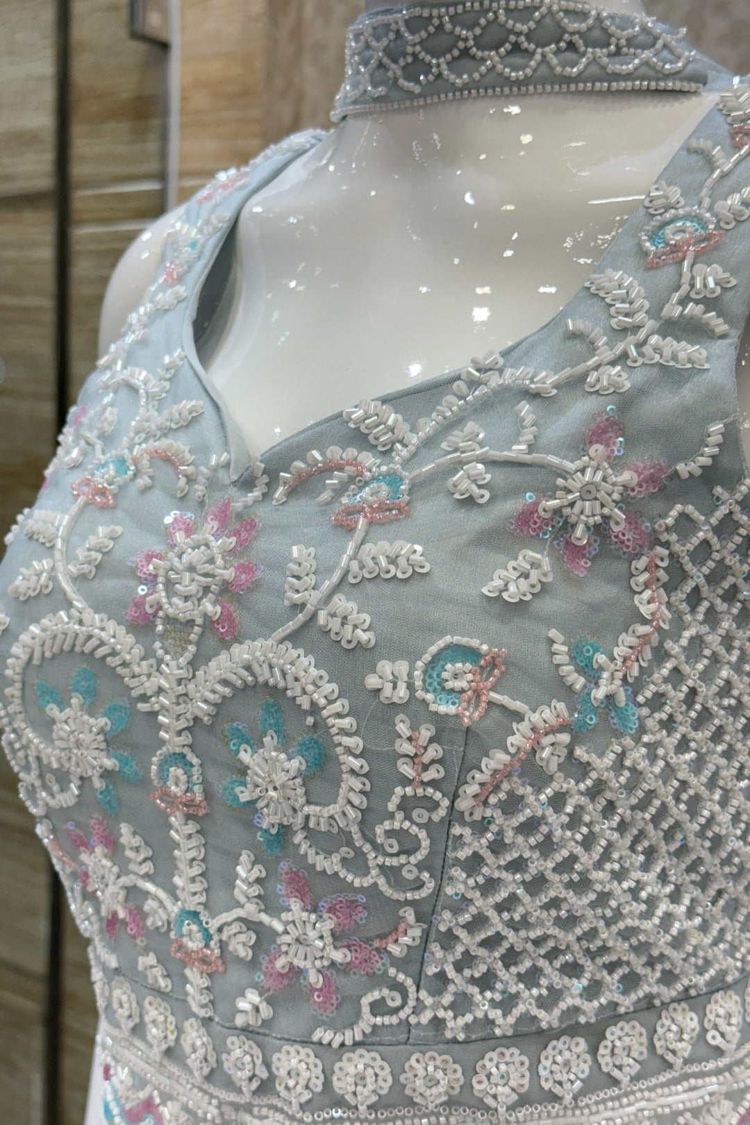 Sea Blue Beads and Sequins work Palazzo Suit Set