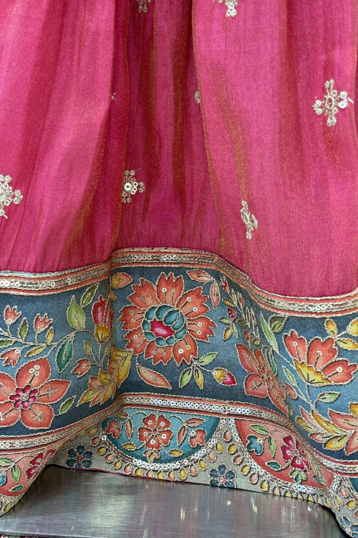 Pinkish Red Mirror, Embroidery, Beads and Sequins work Lehenga Choli for Girls
