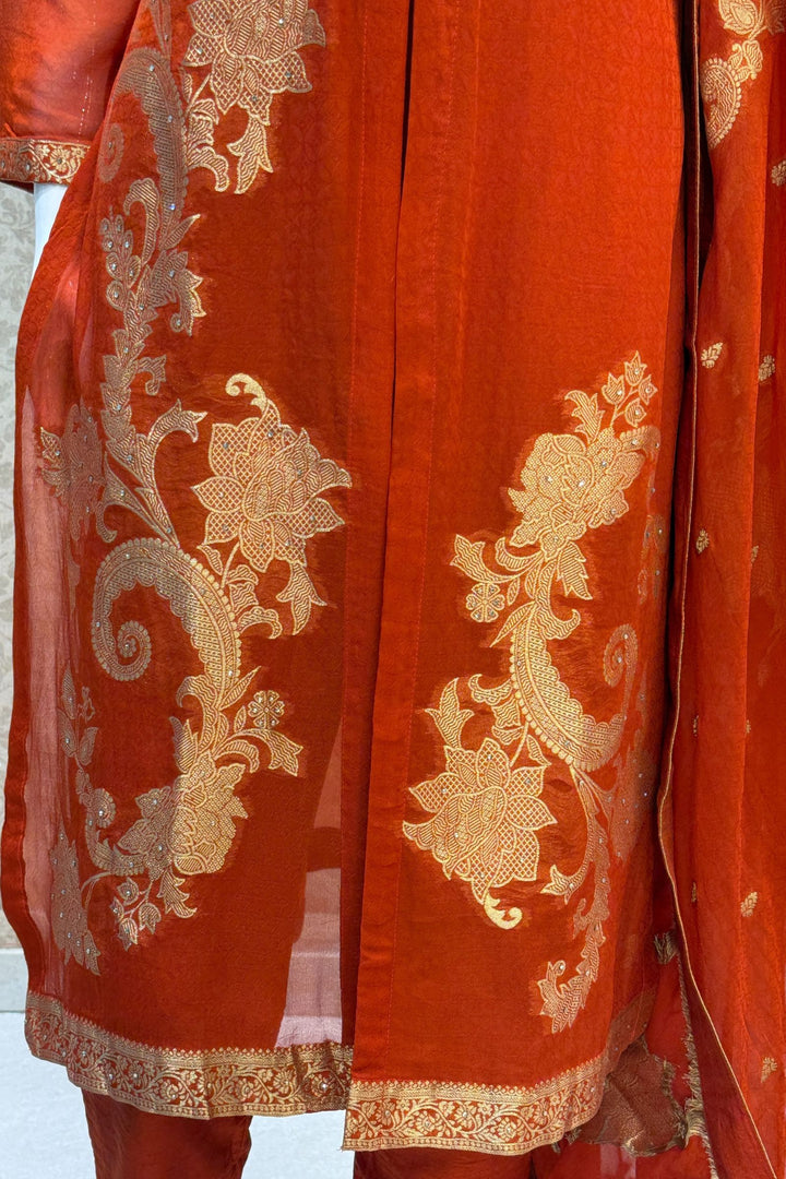 Orange Banaras, Stone, Zardozi, SEquins, Beads and Zari work Straight Cut Salwar Suit