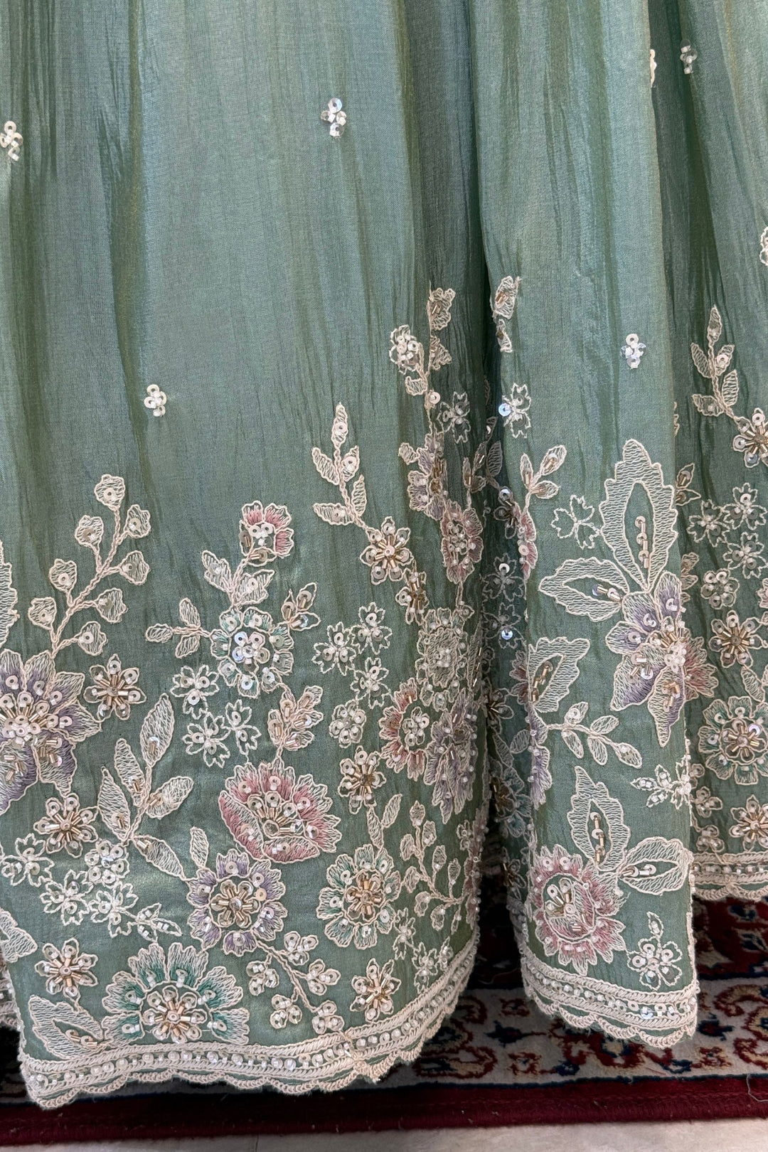 Sea Green Mirror, Stone, Zardozi, Beads and Embroidery work Lehenga