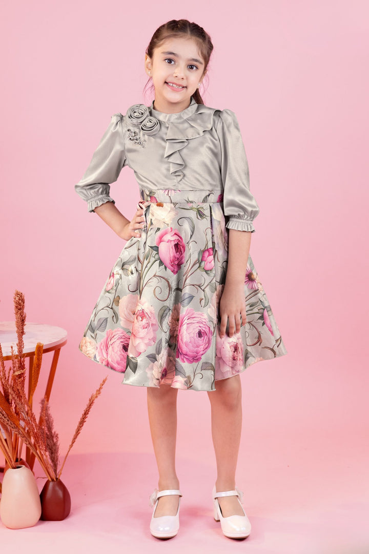 Light Beige Floral Print Short Casual Frock For Girls