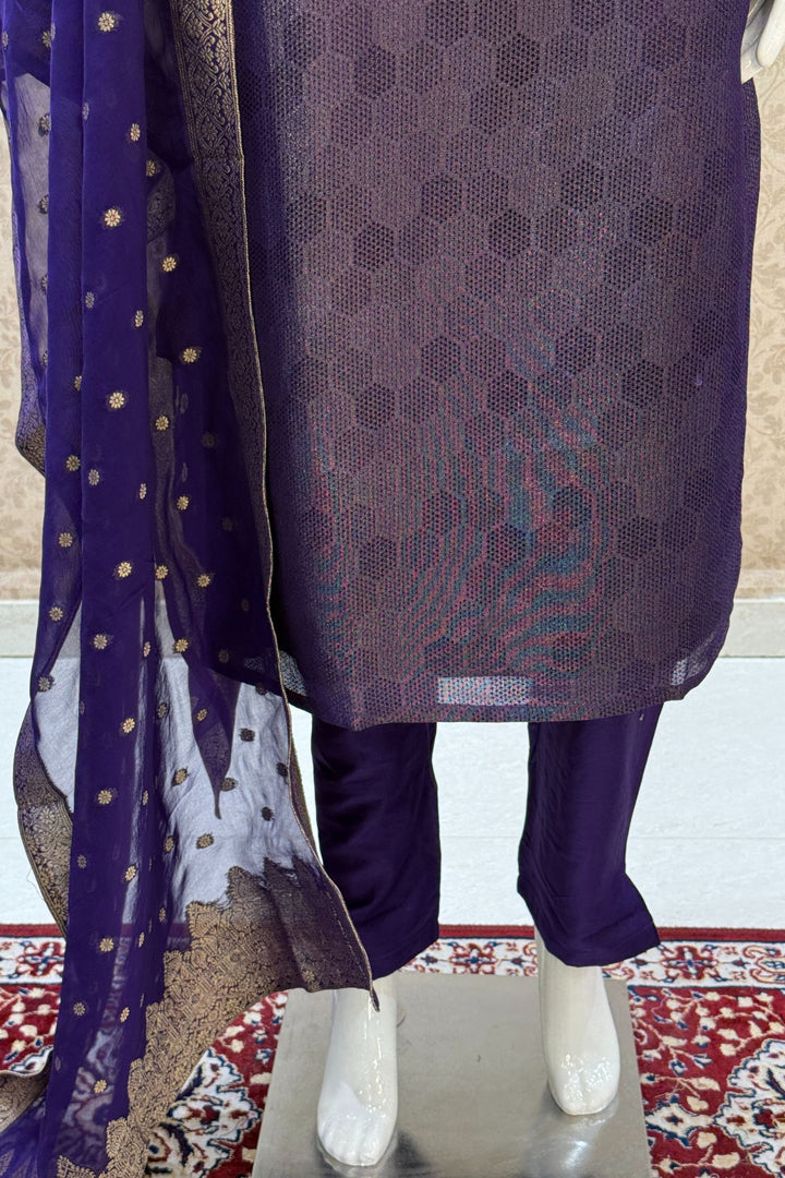 Purple Jacquard, Zari, Zardozi, Beads, Stone and Thread work Straight Cut Salwar Suit