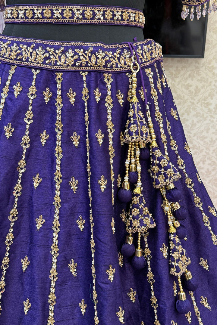 Purple Beads, Zari, Zardozi and Sequins work Crop Top Designer Bridal Lehenga with Belt