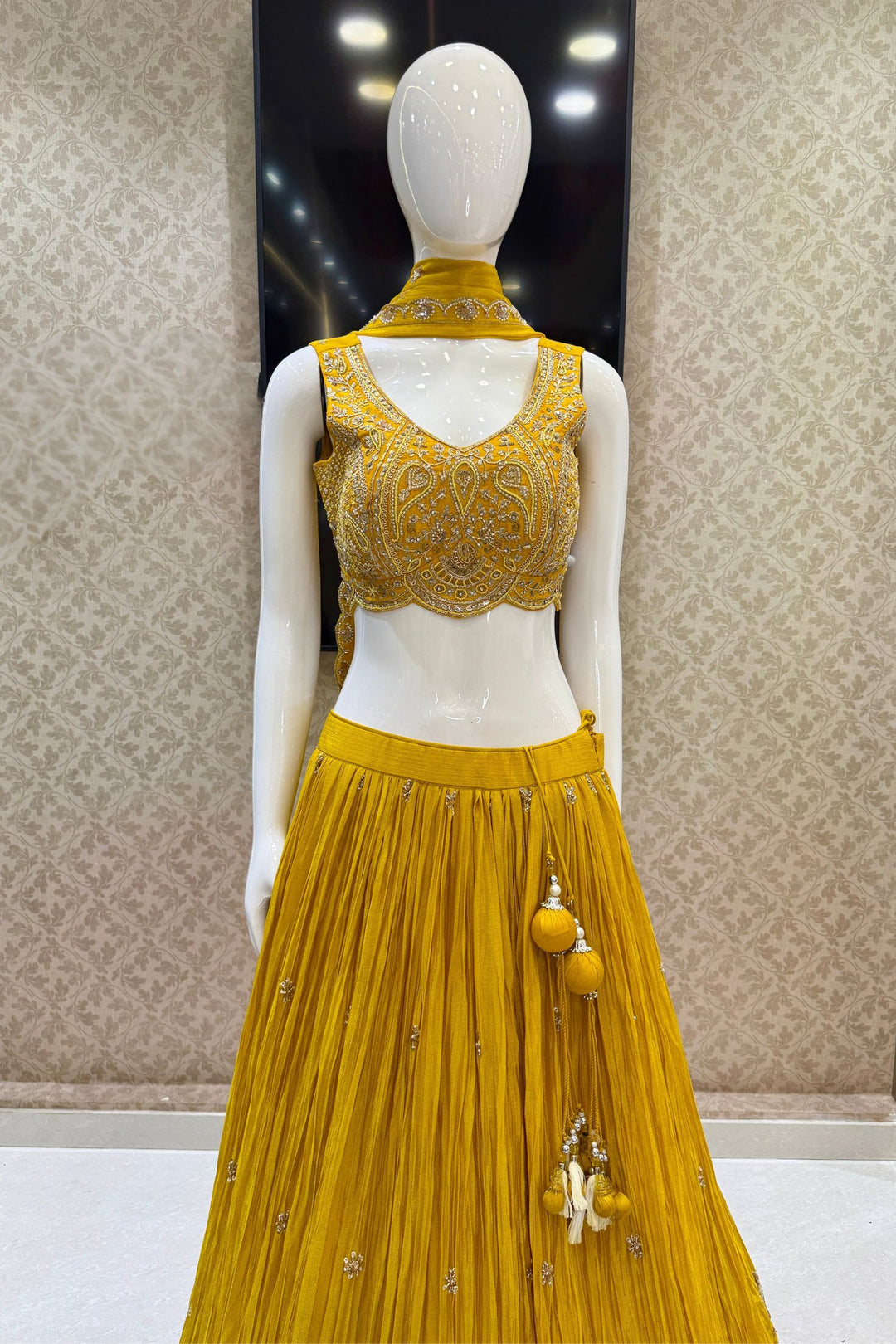 Yellow Beads, Zardozi, Stone, Zari and Sequins work Lehenga