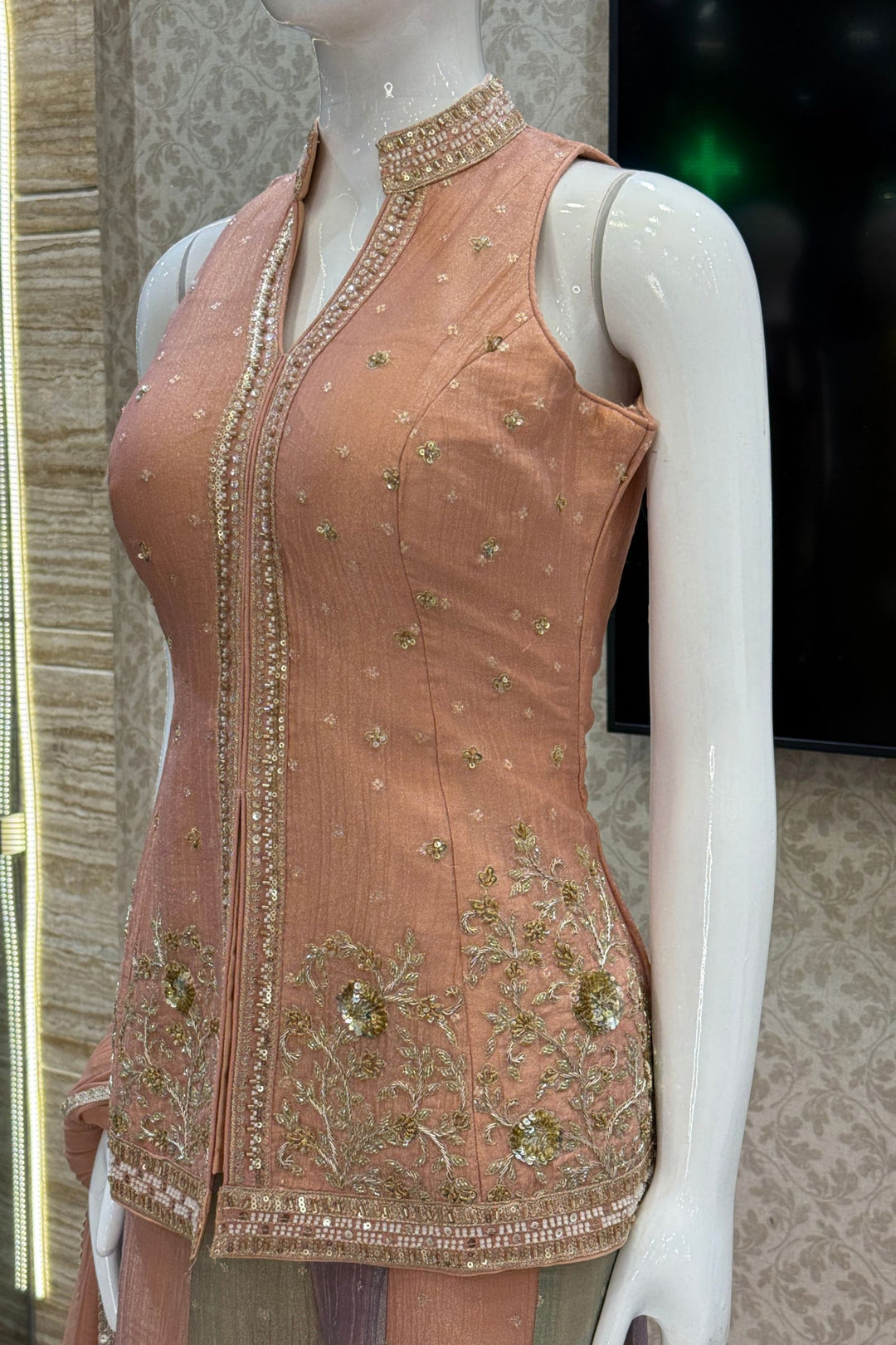 Peach Halter Neck Palazzo Salwar Suit with Zardozi, Beads, Sequins and Zari Detailing