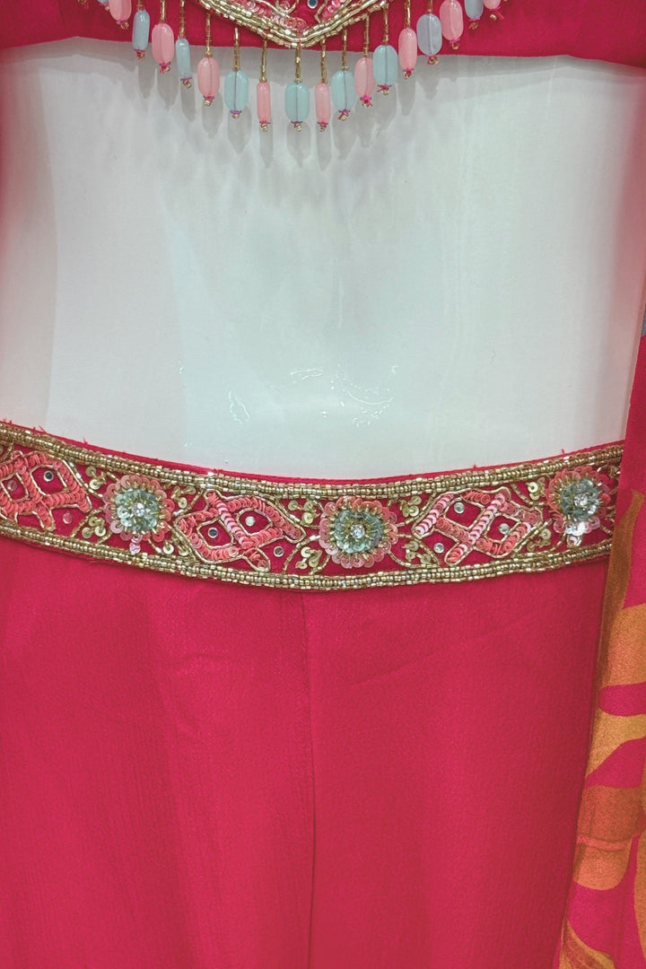 Rani Pink with Multicolor Digital Print Overcoat Styled Palazzo Suit Set