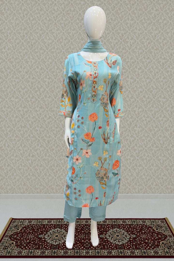 Light Blue Mirror and Thread work with Floral Print Straight Cut Salwar Suit