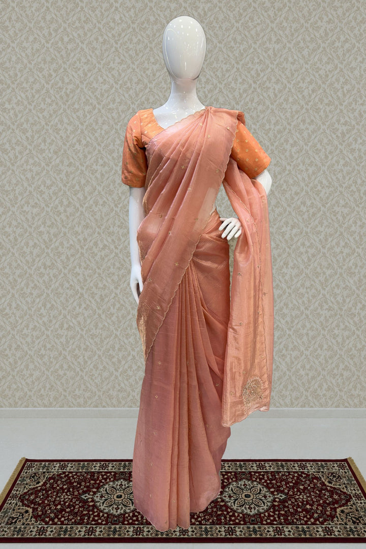 Peach Shimmer Tissue Saree with Scalloped Zari Border