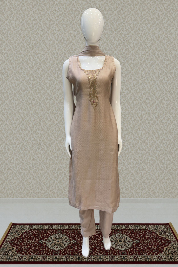 Beige Zardozi, Thread, Mirror, Stone and Zari work Straight Cut Salwar Suit