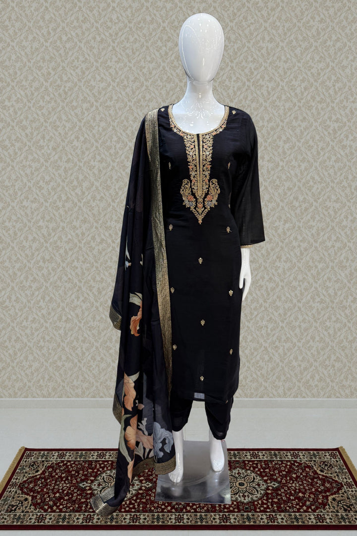 Black Beads, Zari, Sequins and Thread work with Floral Print Straight Cut Salwar Suit