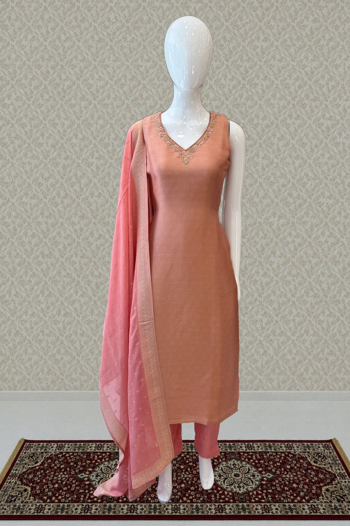 Peach Zardozi, Sequins, Stone, Zari, Banaras and Beads work Straight Cut Salwar Suit
