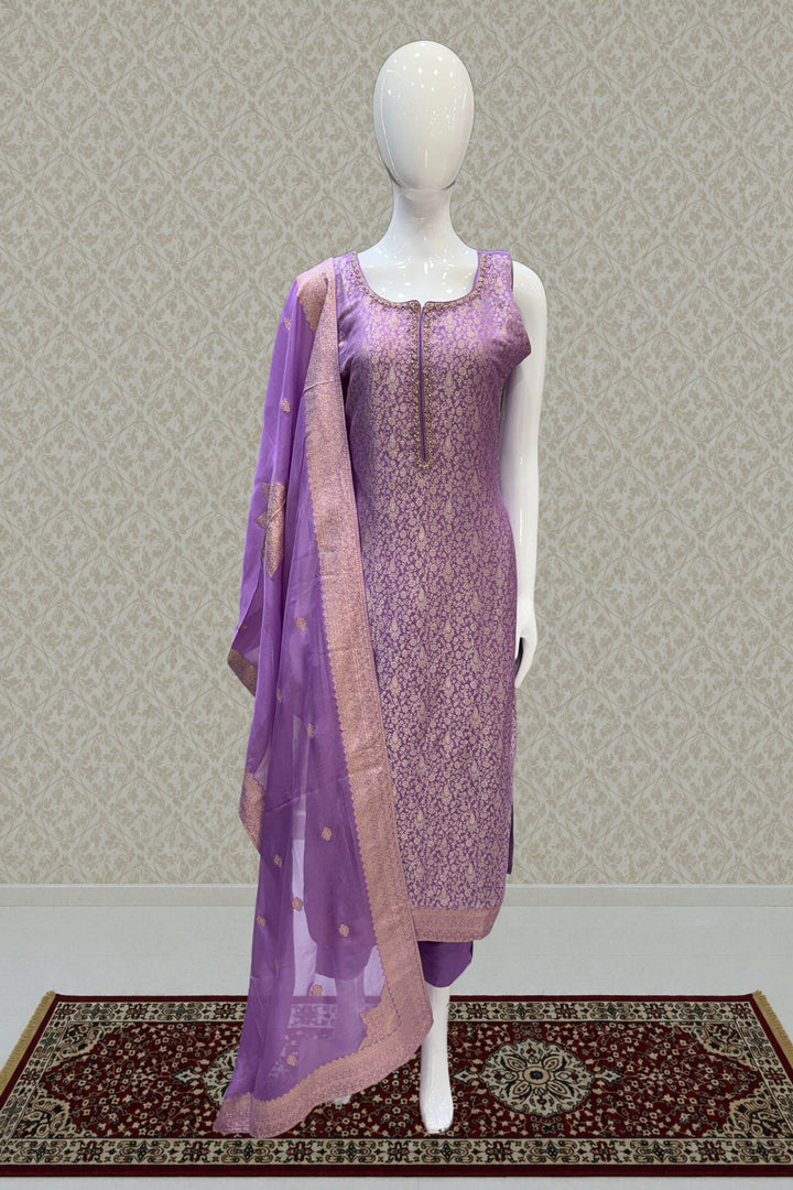 Lavender Zardozi, Stone, Thread and Brocade work Straight Cut Salwar Suit
