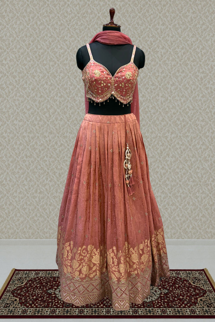 Onion Pink Zari, Beads, Zardozi and Banaras work Crop Top Lehenga