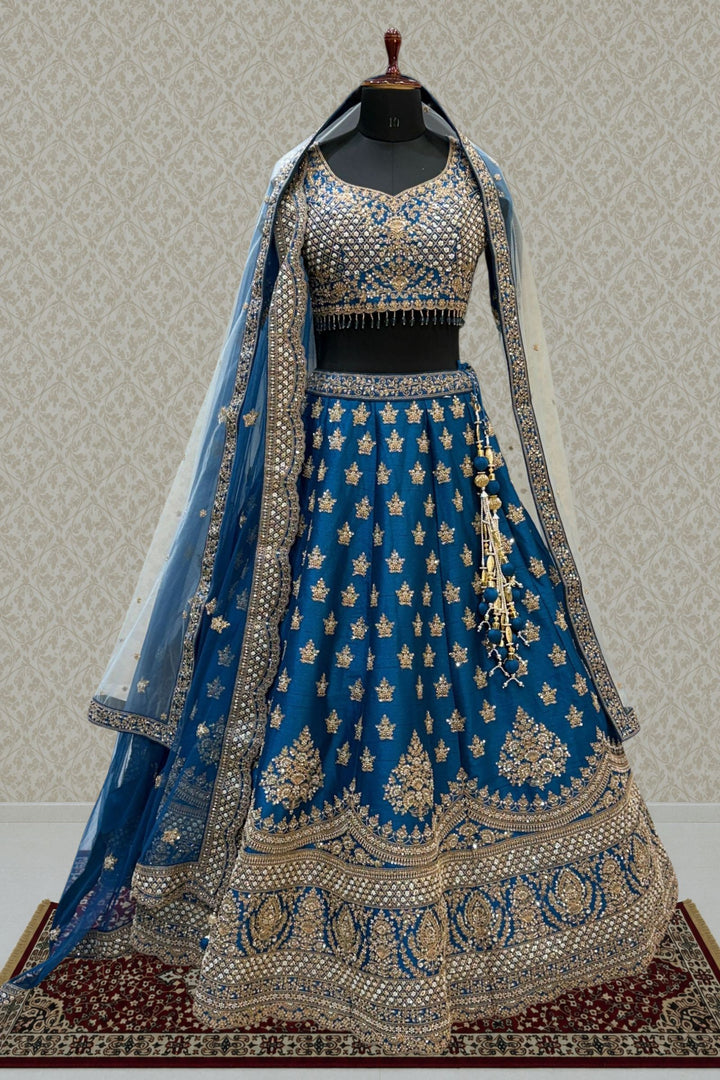 Teal Blue Beads, Zari, Zardozi and Sequins work Crop Top Designer Bridal Lehenga with Belt