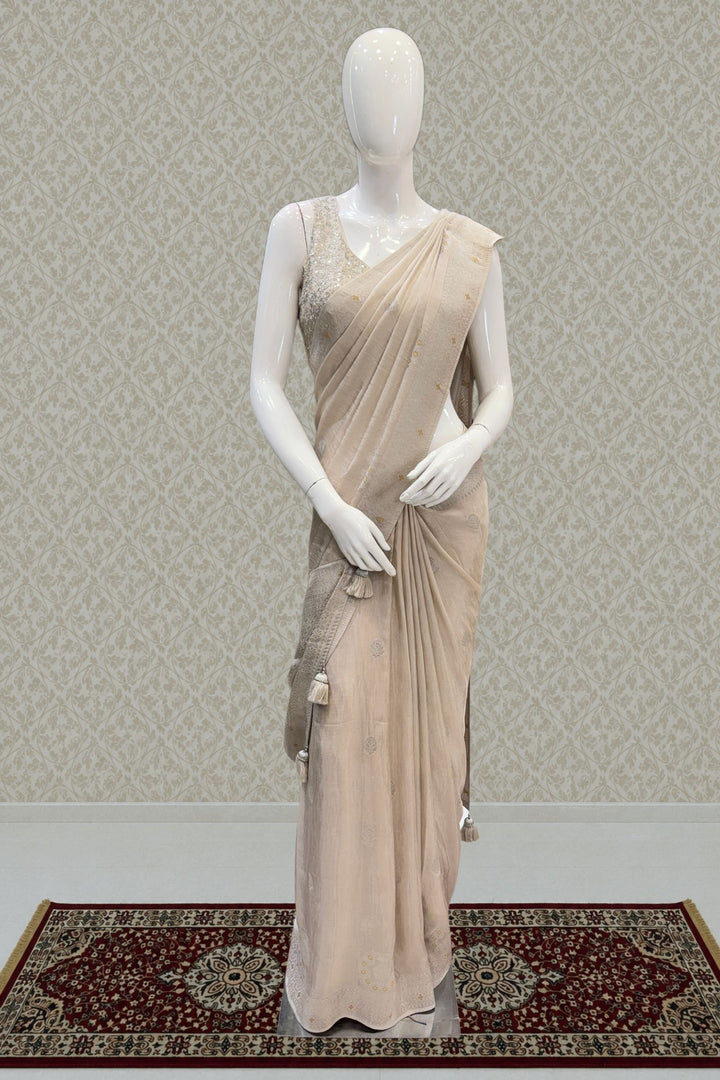 Light Beige Banaras Zari work Saree with Zari and Sequins work Readymade Blouse