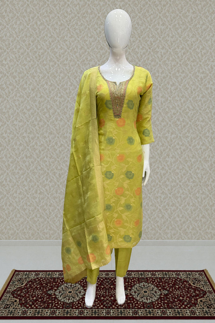 Lemon Green Jacquard, Sequins, Zari, Thread and Beads work Straight Cut Salwar Suit