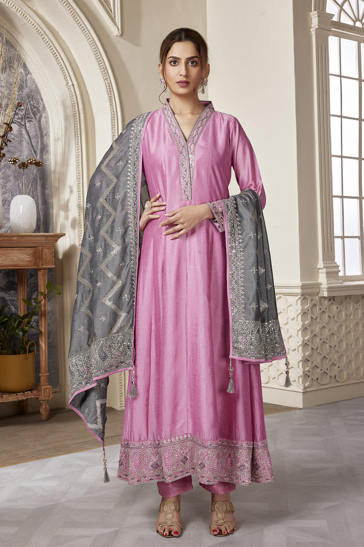 Pink Sequins, Thread and Zari work Anarkali Style Salwar Suit