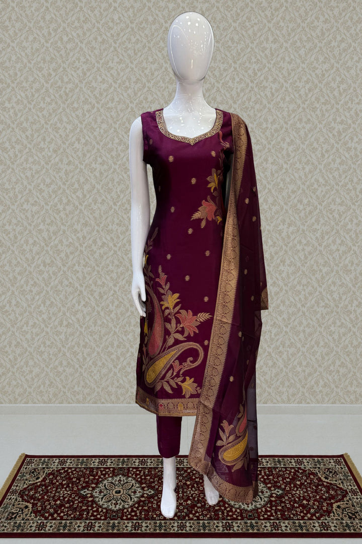 Wine Banaras, Zardozi, Beads, Zari, Stone and Mirror work Straight Cut Salwar Suit