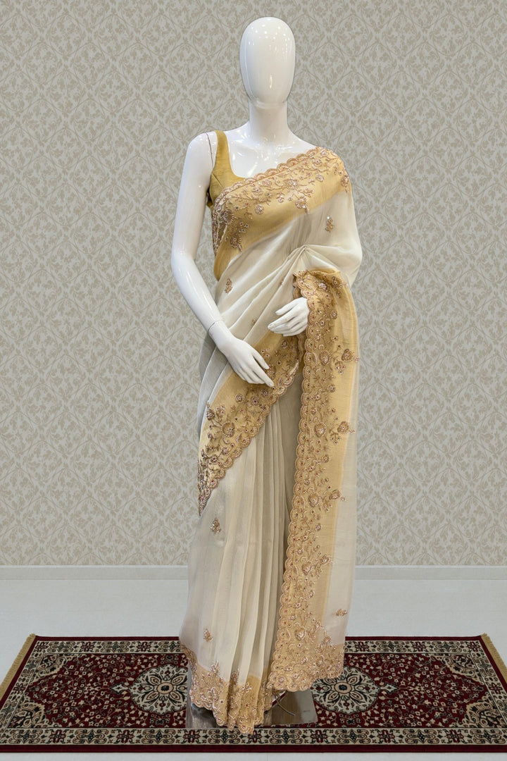 Cream Beads and Zari work Saree