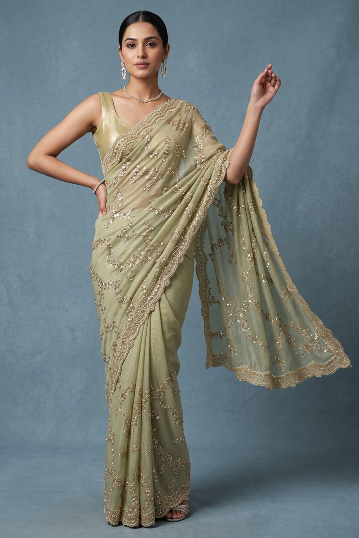 Pista Green Saree Featuring Sequins, Pearl, Beads and Zari work