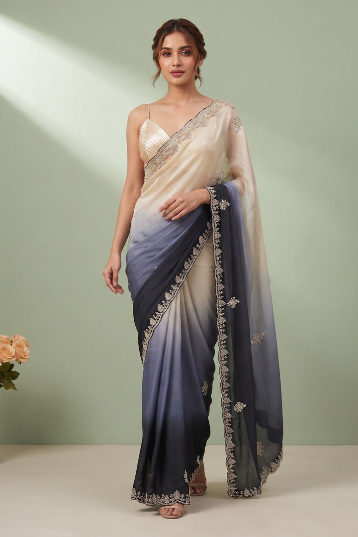 Elegant Black and Cream Saree with Stone, Beads and Sequins Detailing