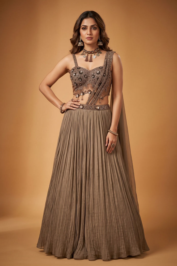 Brown Beads and Sequins work Indo-Western Style Lehenga Set