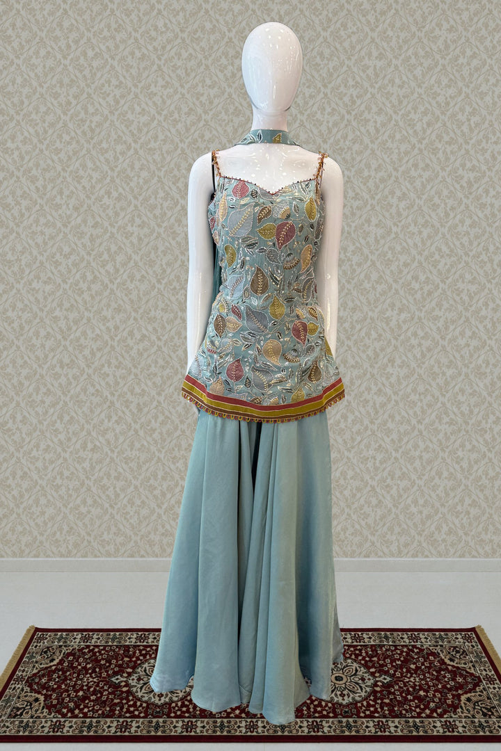 Sea Green Set Featuring All-Over Multicolour Thread and Bead Leaf Embroidery