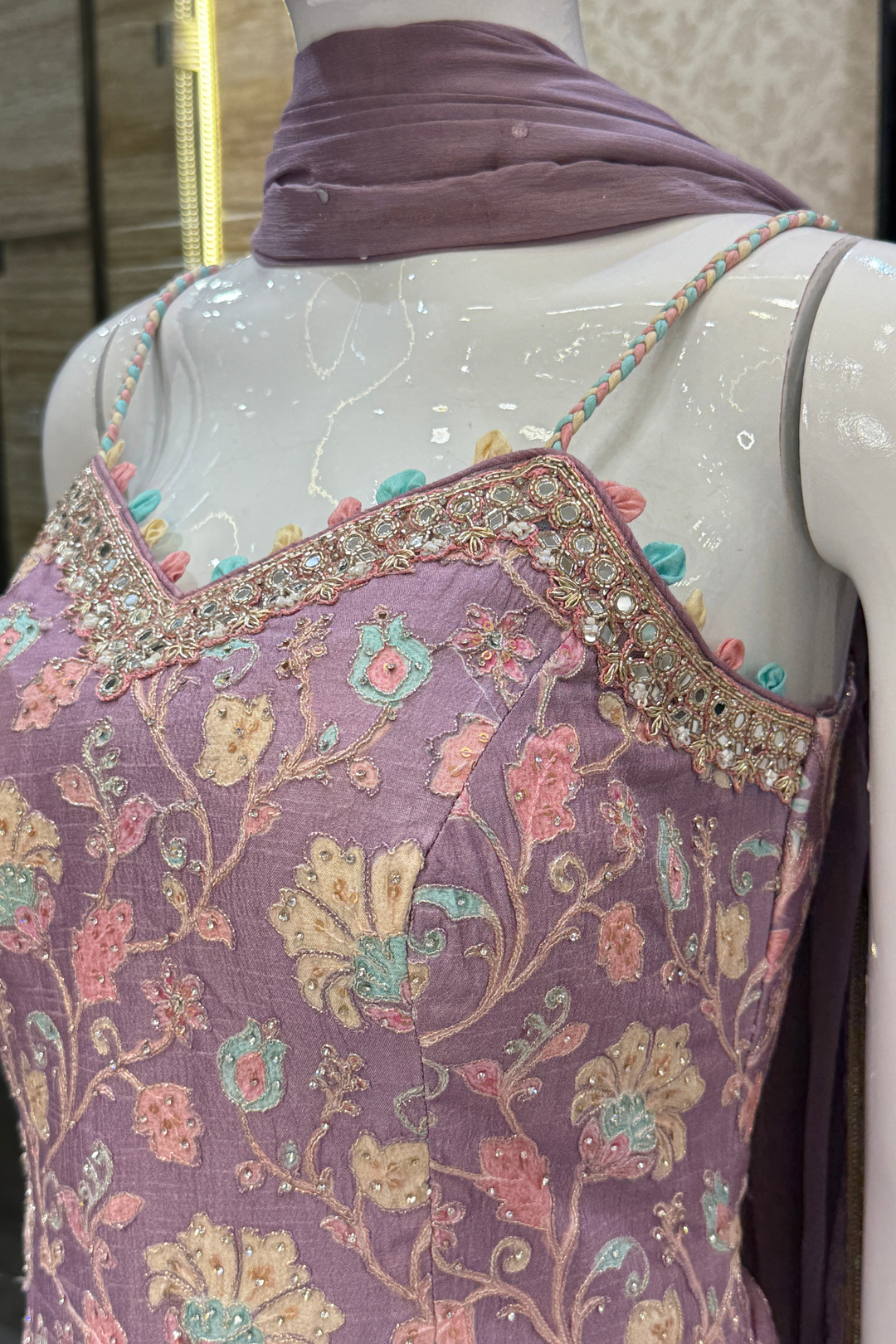 Lavender Zardozi, Mirror and Beads work with Multicolor Digital Print Palazzo Salwar Suit