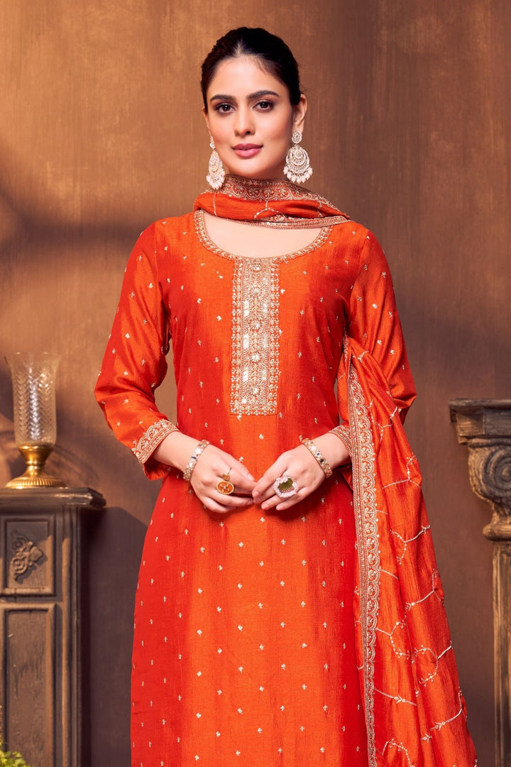 Orange Sequins, Zari and Beads work Straight Cut Salwar Suit