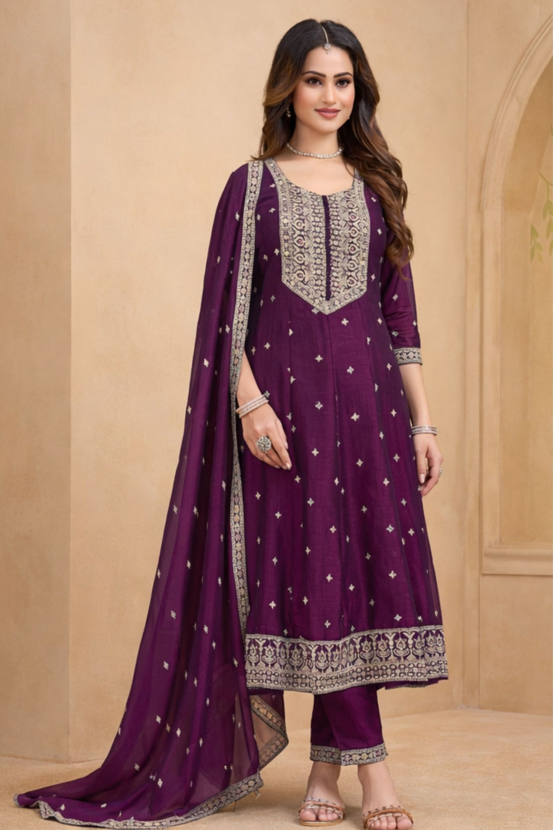 Wine Sequins, Zari and Multicolor Thread work Anarkali Style Salwar