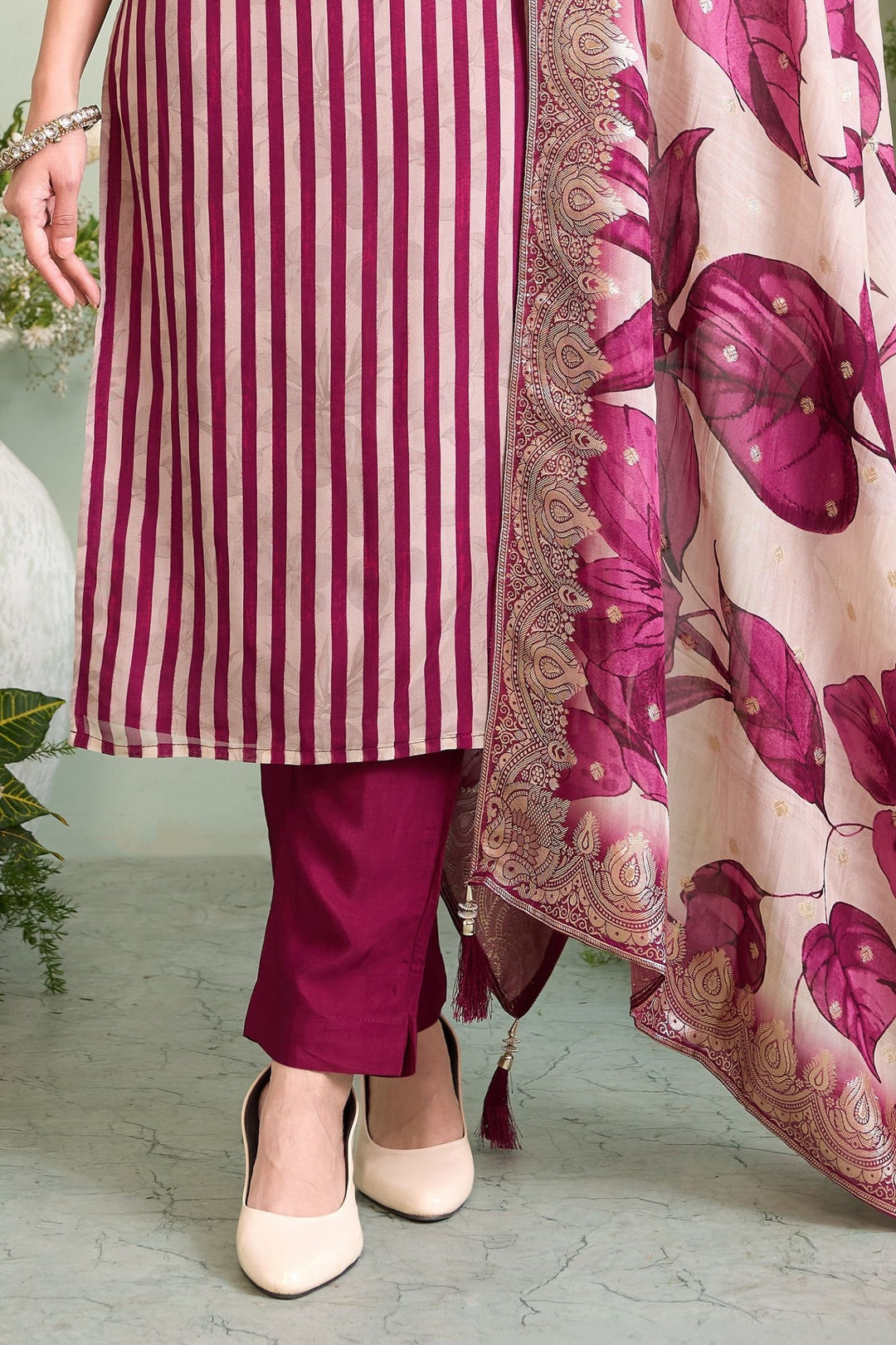 Beige with Wine Striped Zardozi, Stone, Beads and Thread work Straight Cut Salwar Suit