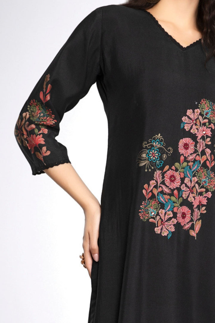 Black Embroidery and Mirror work Calf Length Kurti