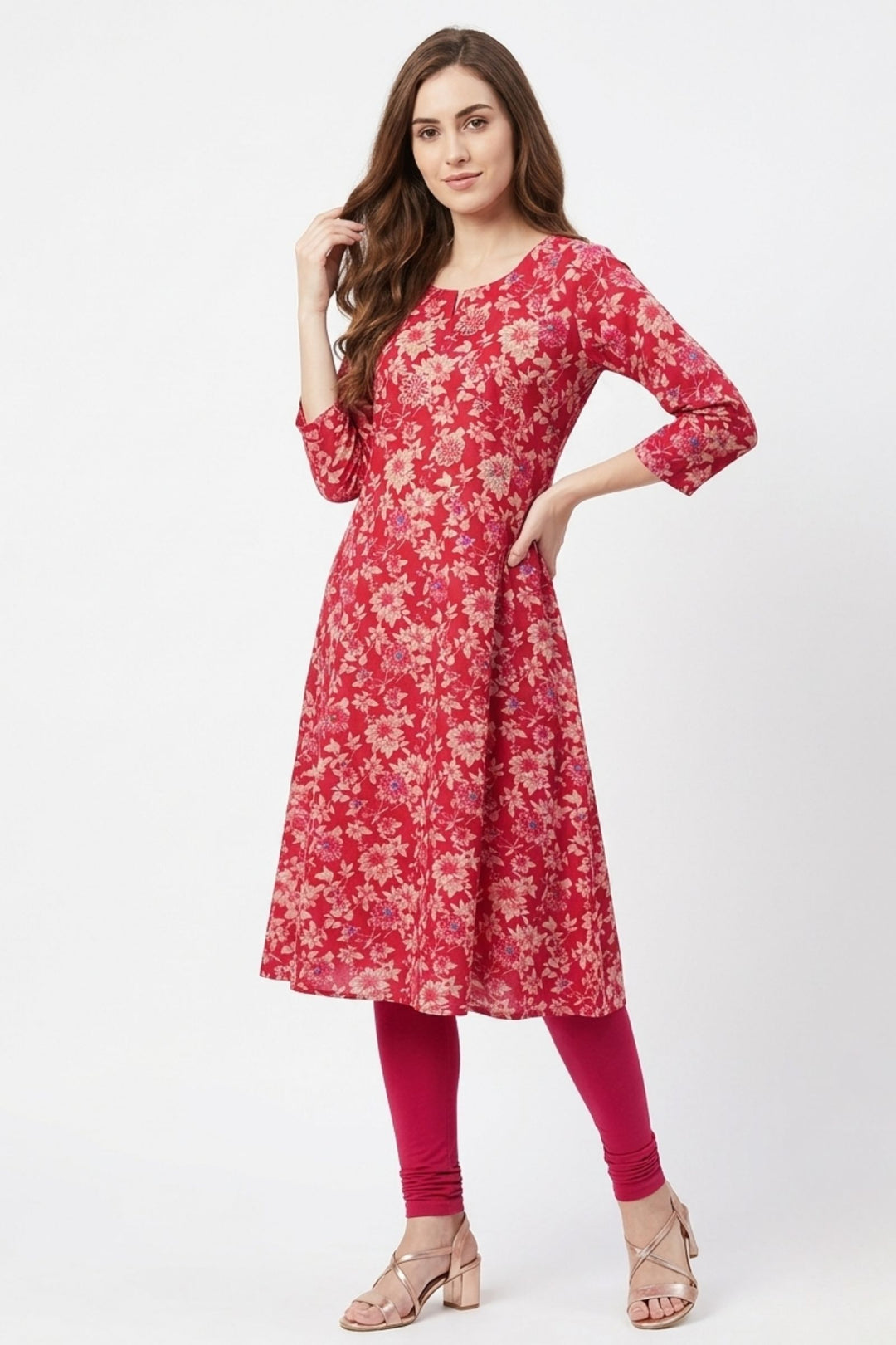 Rani Pink Embroidery, Stone and Zari work with Floral Print A-Line Cut Calf Length Kurti