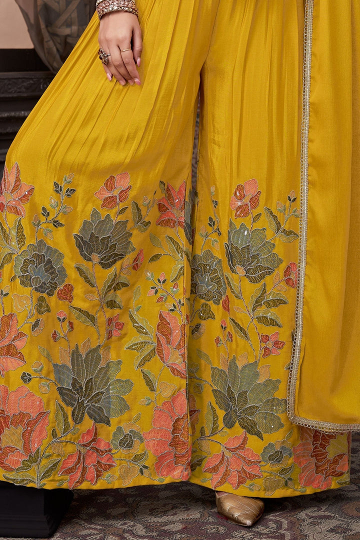 Yellow Multicolor Thread, Beads and Zari work Palazzo Suit Set