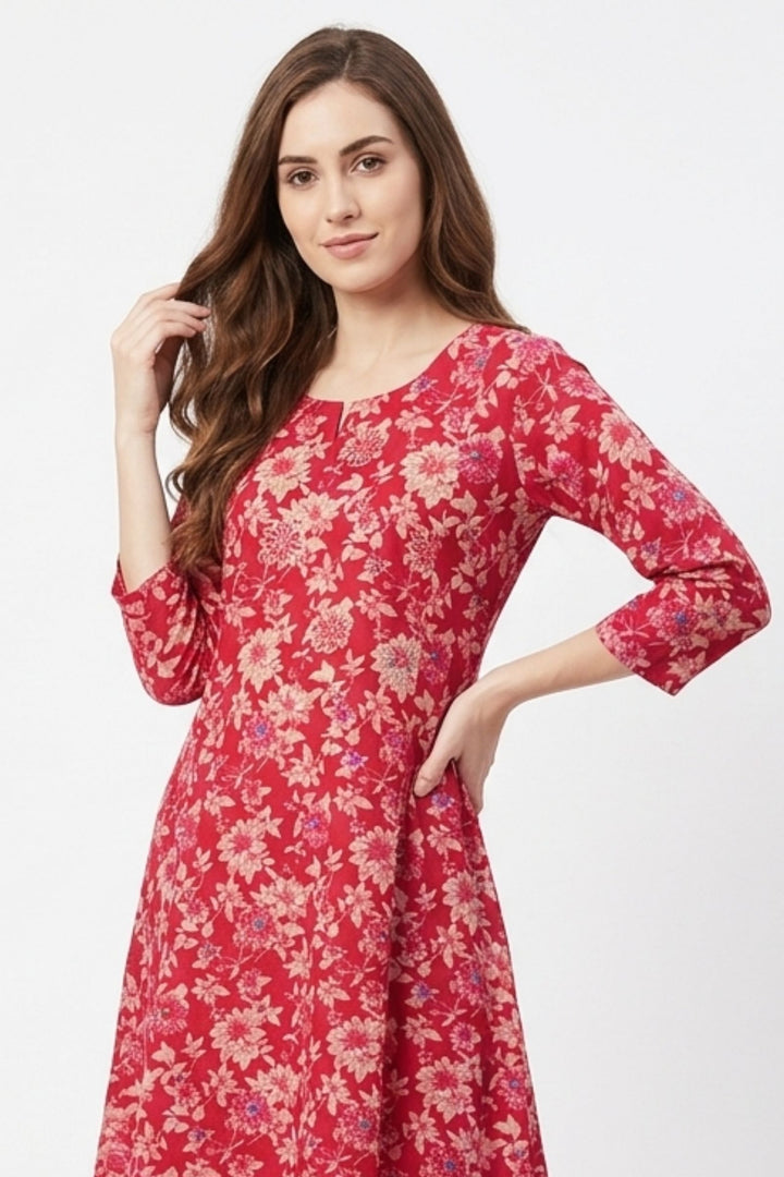 Rani Pink Embroidery, Stone and Zari work with Floral Print A-Line Cut Calf Length Kurti