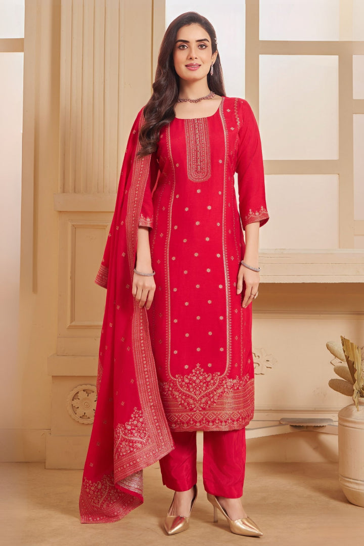 Red Banaras, Beads, Sequins, Stone, Zari and Zardozi work Straight Cut Salwar Suit