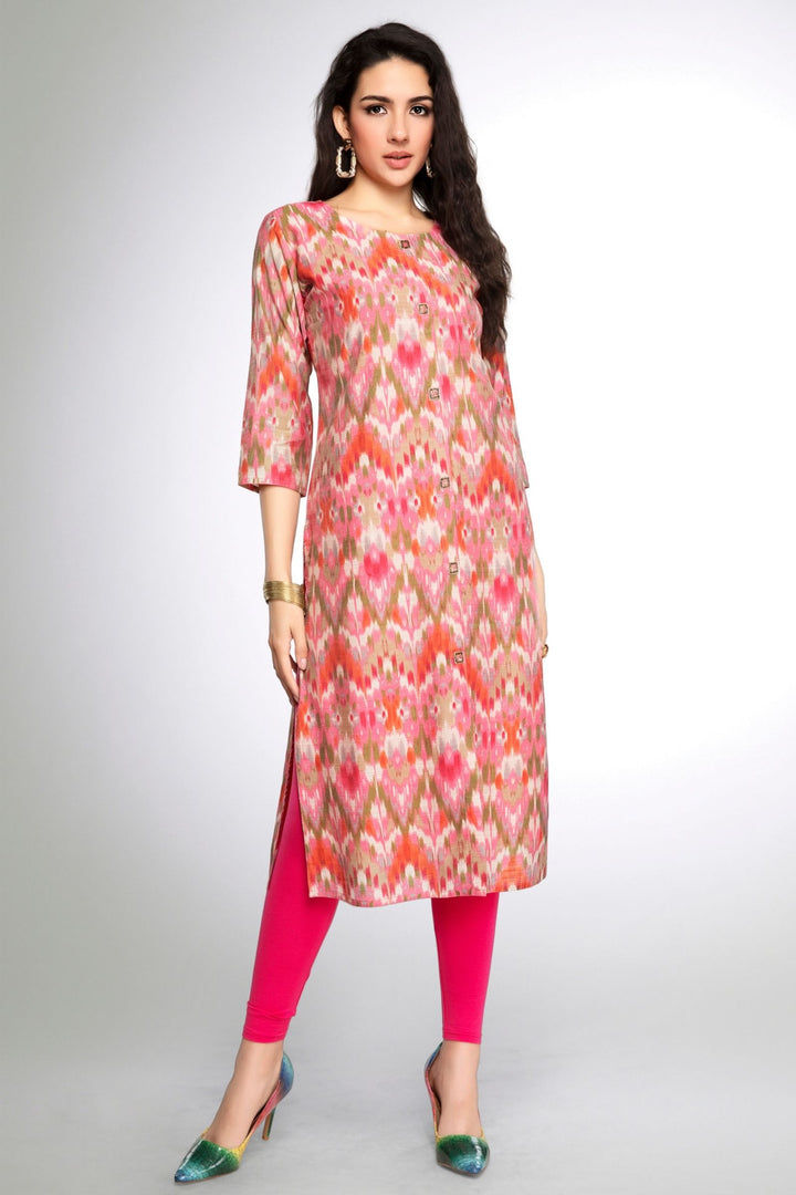 Pink Beads and Sequins work with Multicolor Digital Print A-line Cut Calf Length Kurti