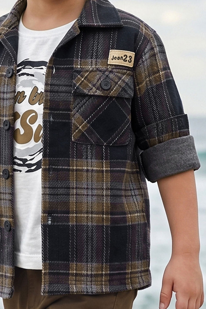 Blue Blazer, Printed T-Shirt and Brown Pant Set for Boys