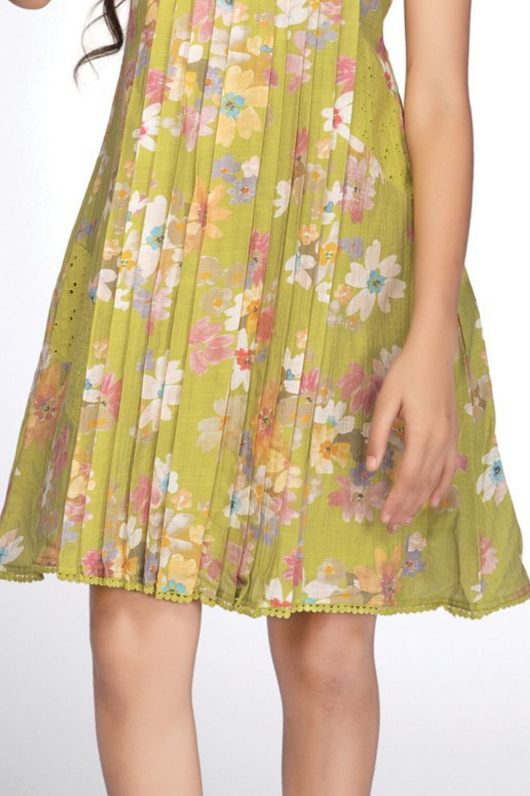 Girls Pleated Floral Casual Frock with Sequin Yoke